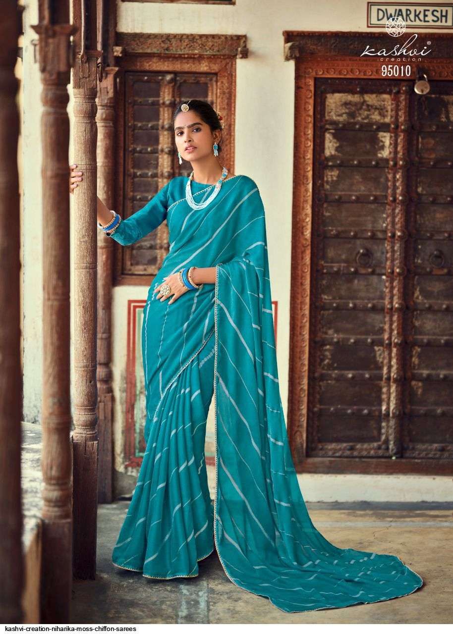 NIHARIKA BY KASHVI CREATION 95001 TO 95010 SERIES INDIAN TRADITIONAL WEAR COLLECTION BEAUTIFUL STYLISH FANCY COLORFUL PARTY WEAR & OCCASIONAL WEAR CHIFFON MOSS SAREES AT WHOLESALE PRICE