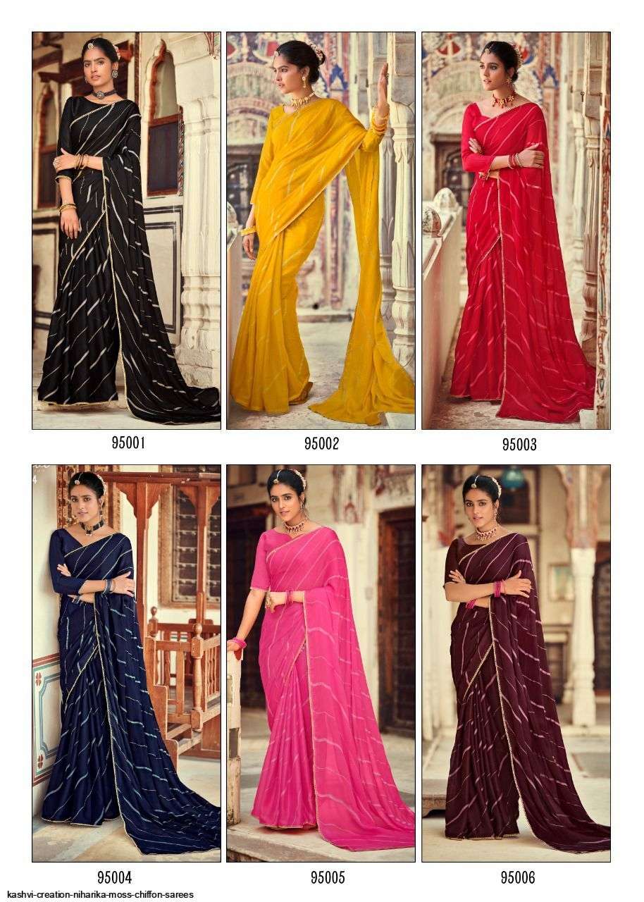 NIHARIKA BY KASHVI CREATION 95001 TO 95010 SERIES INDIAN TRADITIONAL WEAR COLLECTION BEAUTIFUL STYLISH FANCY COLORFUL PARTY WEAR & OCCASIONAL WEAR CHIFFON MOSS SAREES AT WHOLESALE PRICE
