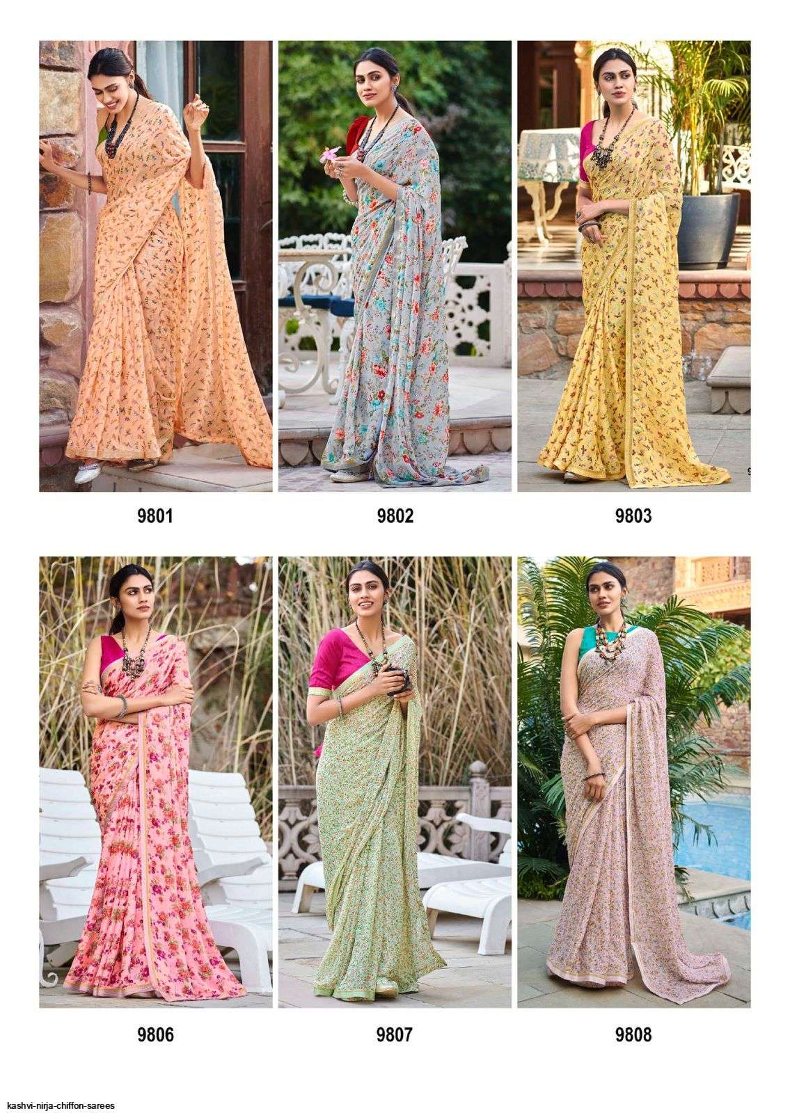 NIRJA BY KASHVI CREATION 9801 TO 9810 SERIES INDIAN TRADITIONAL WEAR COLLECTION BEAUTIFUL STYLISH FANCY COLORFUL PARTY WEAR & OCCASIONAL WEAR CHIFFON SAREES AT WHOLESALE PRICE