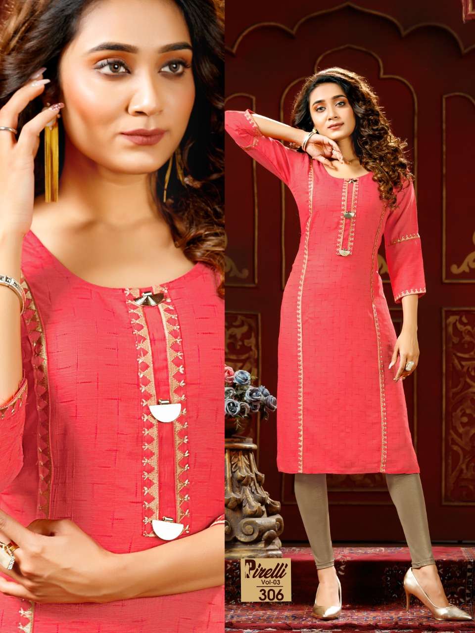 PIRELLI VOL-3 BY PREMNATH 301 TO 306 SERIES DESIGNER STYLISH FANCY COLORFUL BEAUTIFUL PARTY WEAR & ETHNIC WEAR COLLECTION RAYON EMBROIDERY KURTIS AT WHOLESALE PRICE