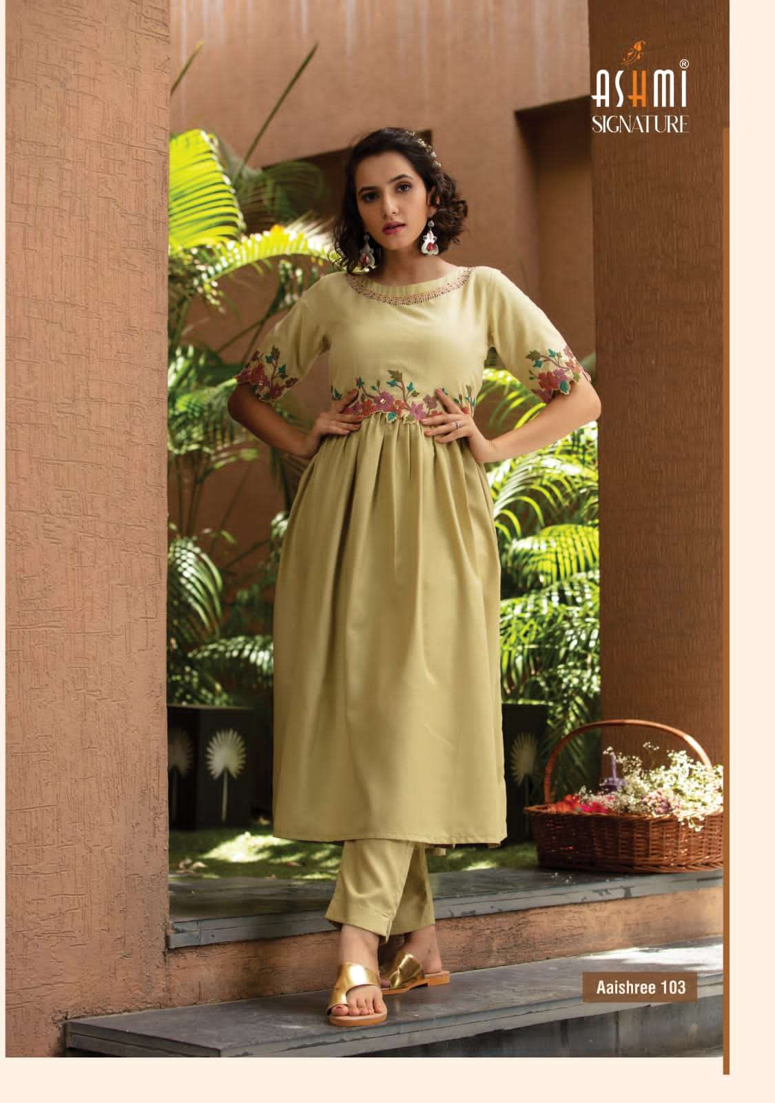AISHREE BY ASHMI 101 TO 106 SERIES DESIGNER STYLISH FANCY COLORFUL BEAUTIFUL PARTY WEAR & ETHNIC WEAR COLLECTION HEAVY COTTON EMBROIDERED KURTIS WITH BOTTOM AT WHOLESALE PRICE