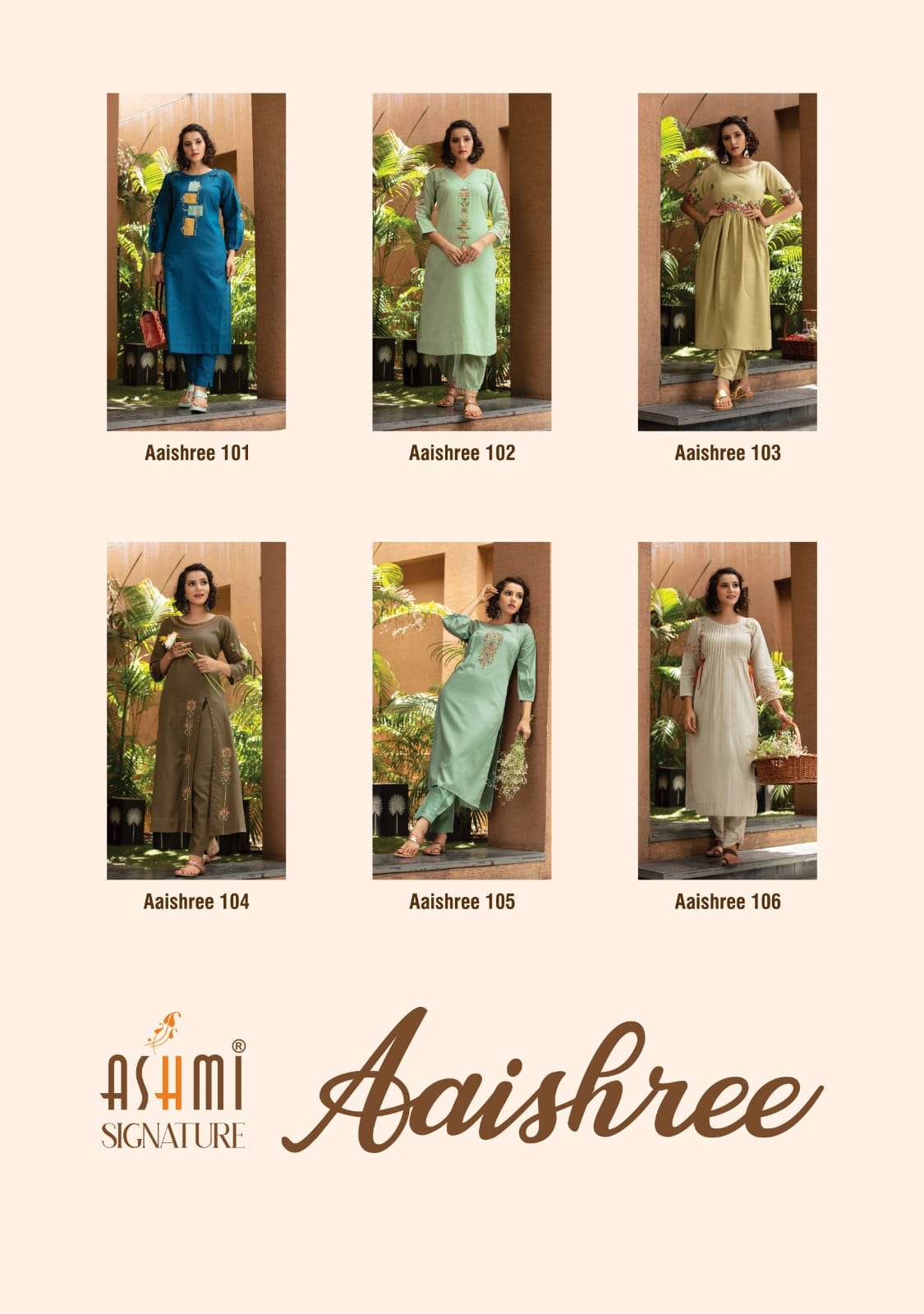 AISHREE BY ASHMI 101 TO 106 SERIES DESIGNER STYLISH FANCY COLORFUL BEAUTIFUL PARTY WEAR & ETHNIC WEAR COLLECTION HEAVY COTTON EMBROIDERED KURTIS WITH BOTTOM AT WHOLESALE PRICE