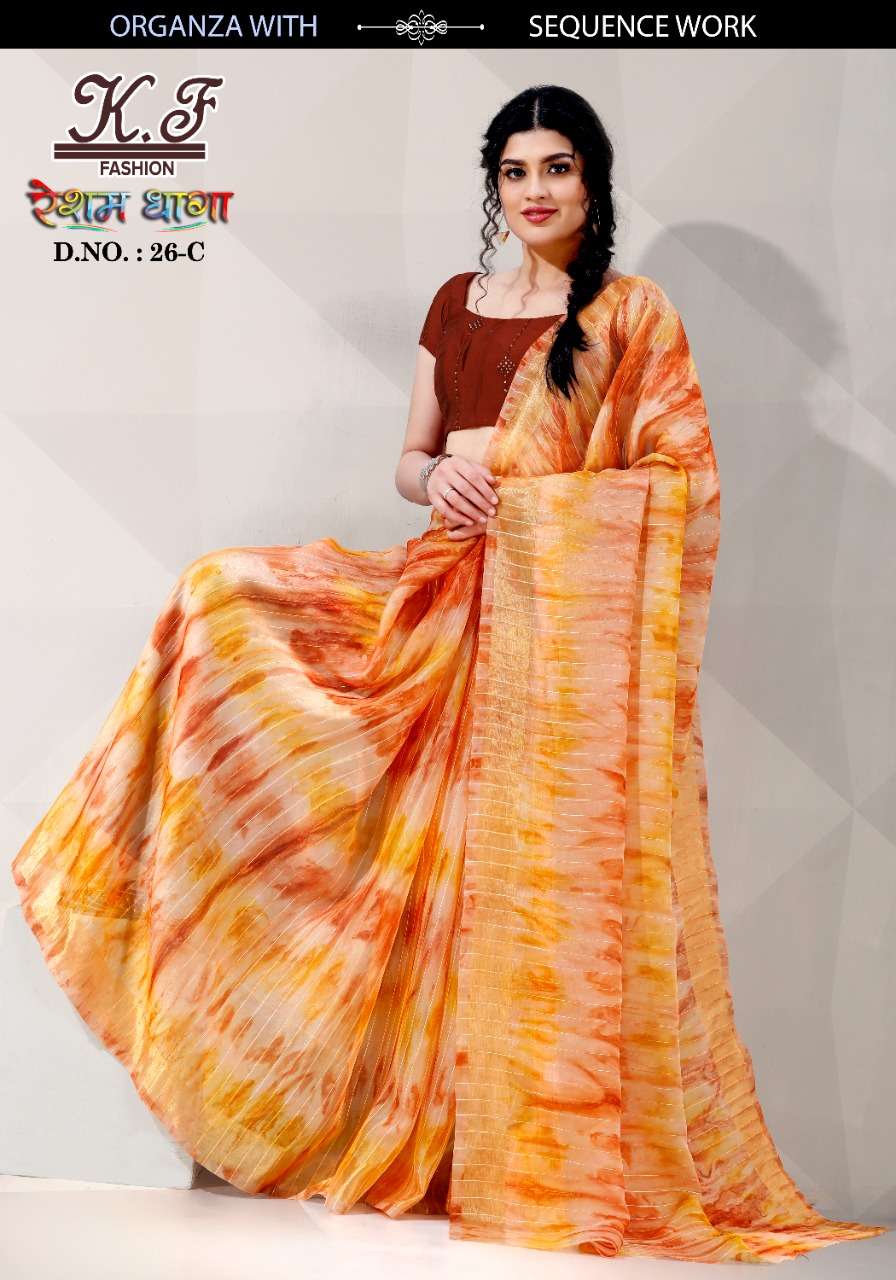 RESHAM DHAGA BY KF FASHION 26-A TO 26-E SERIES INDIAN TRADITIONAL WEAR COLLECTION BEAUTIFUL STYLISH FANCY COLORFUL PARTY WEAR & OCCASIONAL WEAR ORGANZA SAREES AT WHOLESALE PRICE