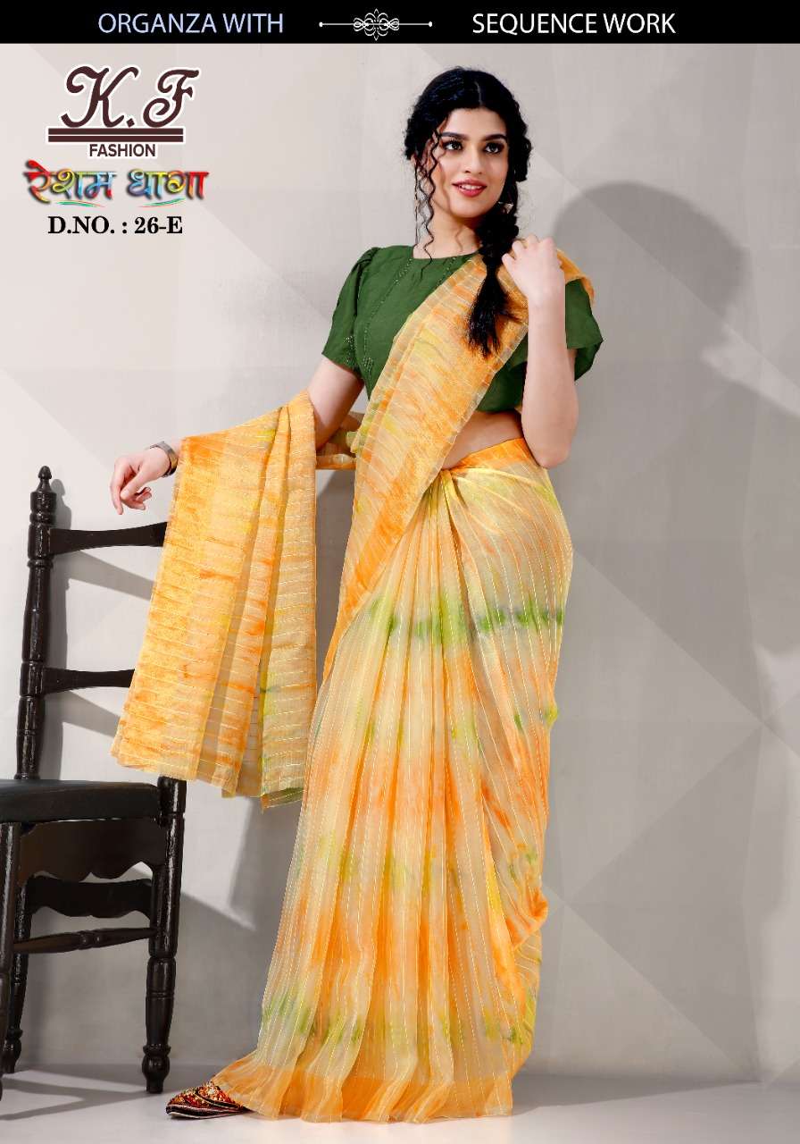 RESHAM DHAGA BY KF FASHION 26-A TO 26-E SERIES INDIAN TRADITIONAL WEAR COLLECTION BEAUTIFUL STYLISH FANCY COLORFUL PARTY WEAR & OCCASIONAL WEAR ORGANZA SAREES AT WHOLESALE PRICE
