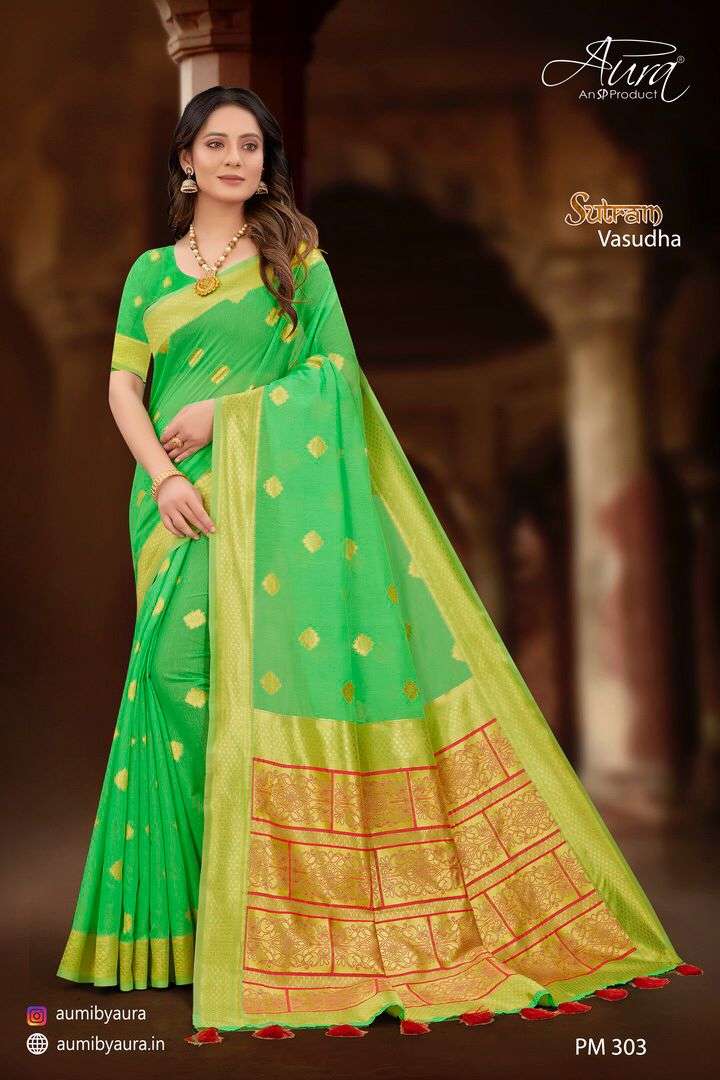 SUTRAM VASUDHA BY AURA 301 TO 306 SERIES INDIAN TRADITIONAL WEAR COLLECTION BEAUTIFUL STYLISH FANCY COLORFUL PARTY WEAR & OCCASIONAL WEAR SOFT COTTON SAREES AT WHOLESALE PRICE