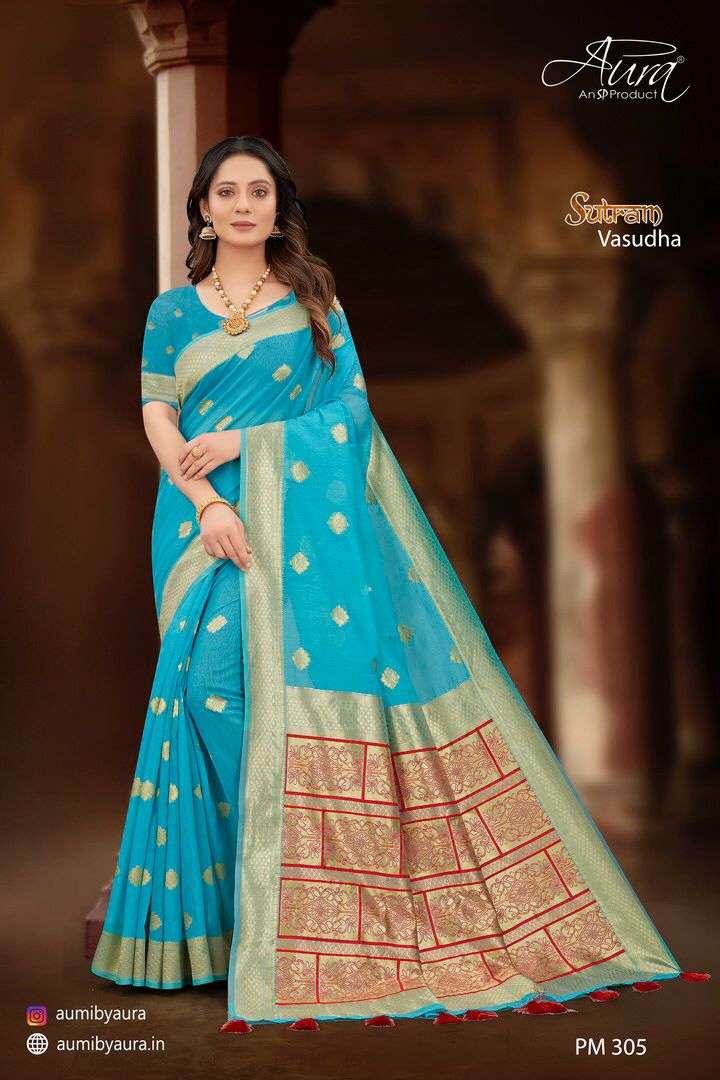 SUTRAM VASUDHA BY AURA 301 TO 306 SERIES INDIAN TRADITIONAL WEAR COLLECTION BEAUTIFUL STYLISH FANCY COLORFUL PARTY WEAR & OCCASIONAL WEAR SOFT COTTON SAREES AT WHOLESALE PRICE
