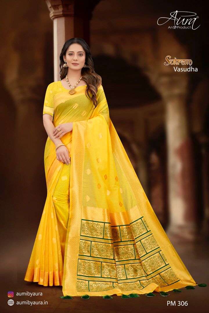 SUTRAM VASUDHA BY AURA 301 TO 306 SERIES INDIAN TRADITIONAL WEAR COLLECTION BEAUTIFUL STYLISH FANCY COLORFUL PARTY WEAR & OCCASIONAL WEAR SOFT COTTON SAREES AT WHOLESALE PRICE