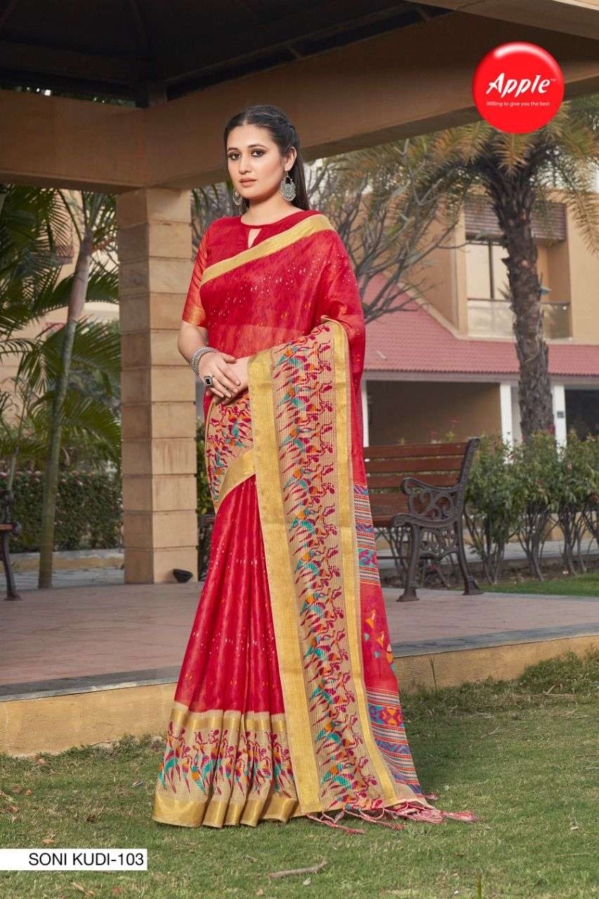 SONI KUDI BY APPLE 101 TO 108 SERIES INDIAN TRADITIONAL WEAR COLLECTION BEAUTIFUL STYLISH FANCY COLORFUL PARTY WEAR & OCCASIONAL WEAR SOFT LINEN SAREES AT WHOLESALE PRICE