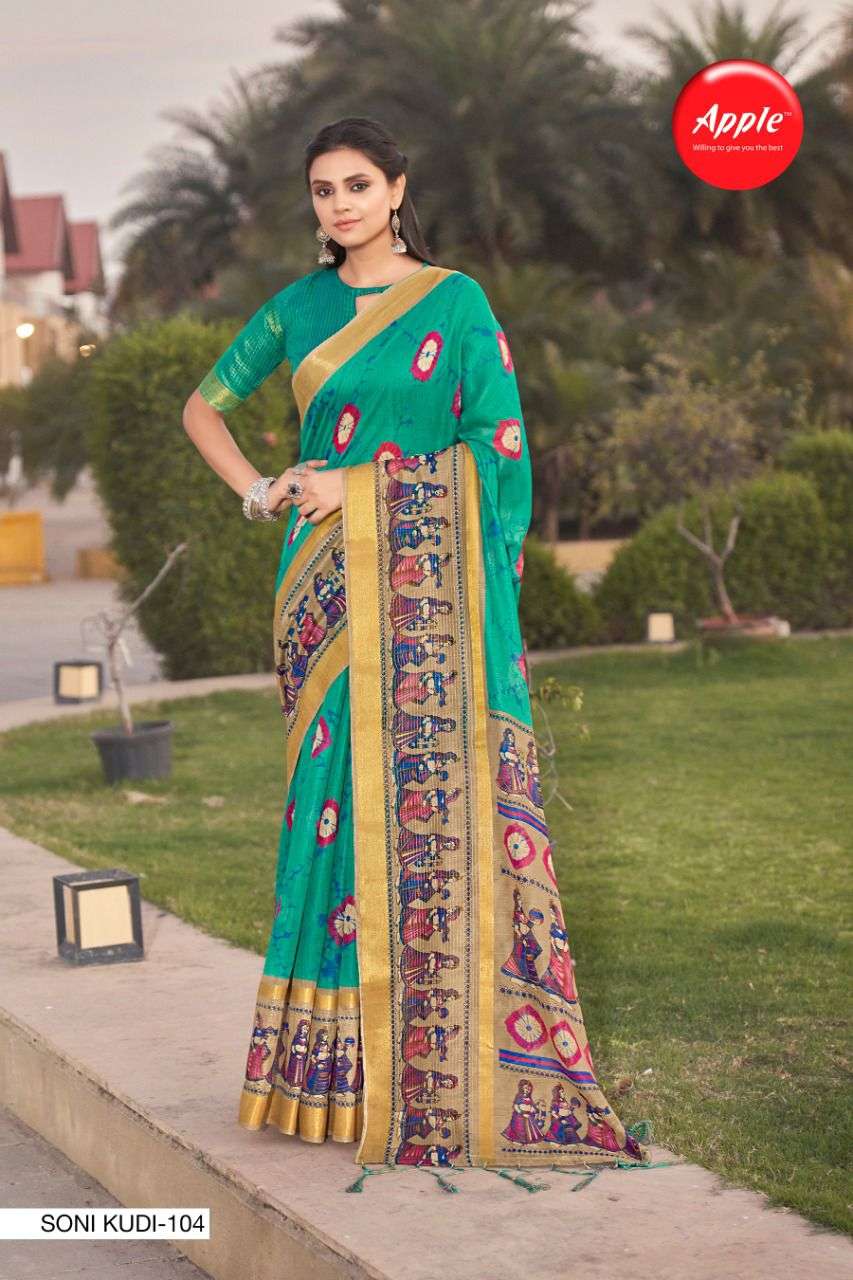 SONI KUDI BY APPLE 101 TO 108 SERIES INDIAN TRADITIONAL WEAR COLLECTION BEAUTIFUL STYLISH FANCY COLORFUL PARTY WEAR & OCCASIONAL WEAR SOFT LINEN SAREES AT WHOLESALE PRICE