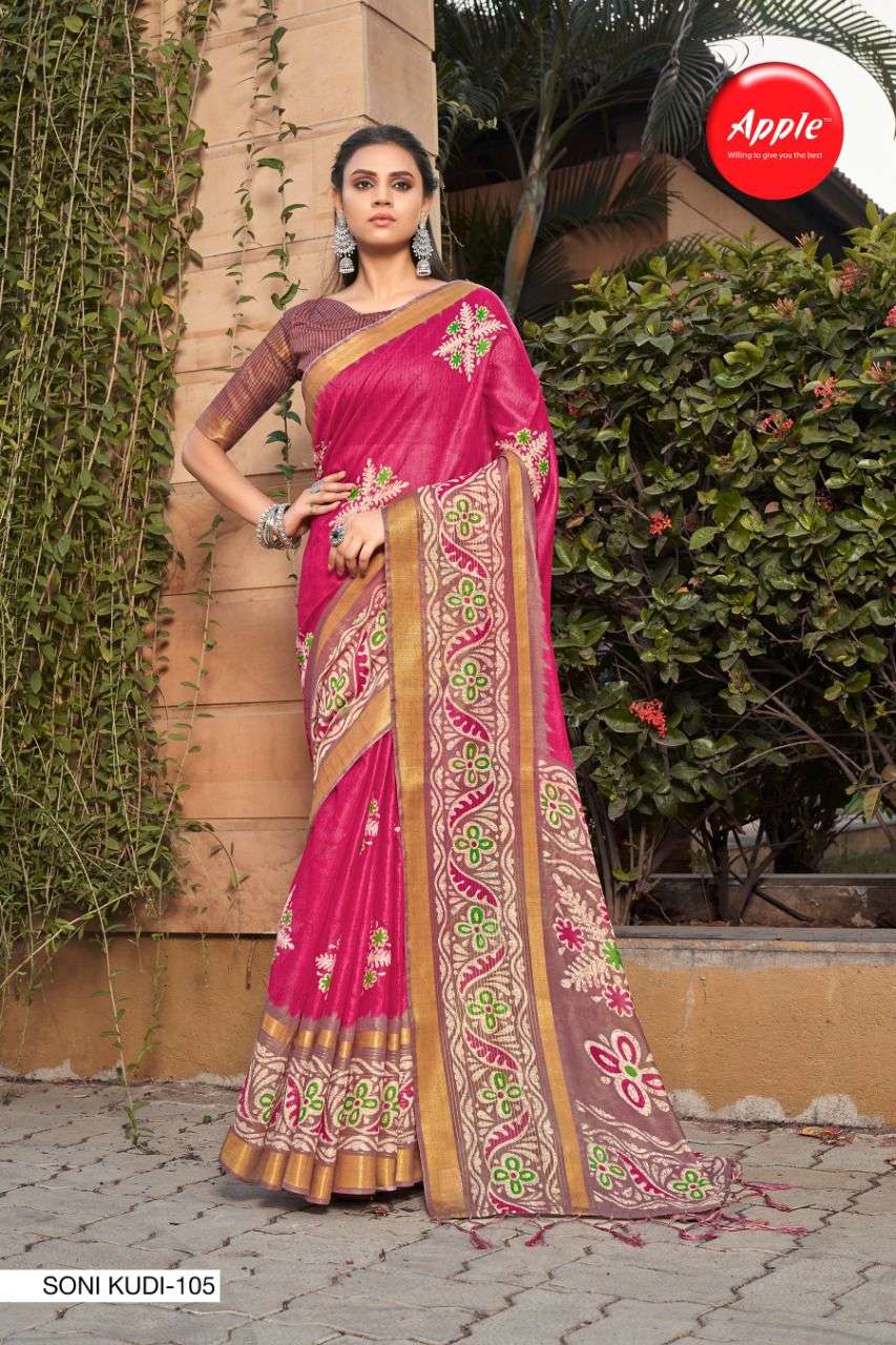 SONI KUDI BY APPLE 101 TO 108 SERIES INDIAN TRADITIONAL WEAR COLLECTION BEAUTIFUL STYLISH FANCY COLORFUL PARTY WEAR & OCCASIONAL WEAR SOFT LINEN SAREES AT WHOLESALE PRICE