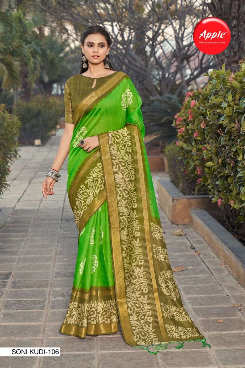 SONI KUDI BY APPLE 101 TO 108 SERIES INDIAN TRADITIONAL WEAR COLLECTION BEAUTIFUL STYLISH FANCY COLORFUL PARTY WEAR & OCCASIONAL WEAR SOFT LINEN SAREES AT WHOLESALE PRICE