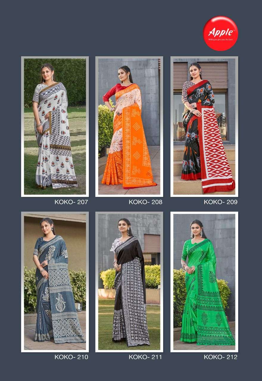 KOKO VOL-2 BY APPLE 201 TO 212 SERIES INDIAN TRADITIONAL WEAR COLLECTION BEAUTIFUL STYLISH FANCY COLORFUL PARTY WEAR & OCCASIONAL WEAR DOLA SILK SAREES AT WHOLESALE PRICE