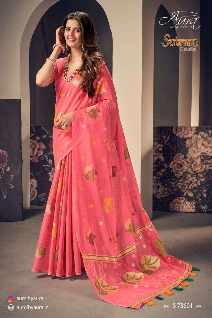 SUTRAM GAURIKA BY AURA 73601 TO 73607 SERIES INDIAN TRADITIONAL WEAR COLLECTION BEAUTIFUL STYLISH FANCY COLORFUL PARTY WEAR & OCCASIONAL WEAR COTTON SAREES AT WHOLESALE PRICE