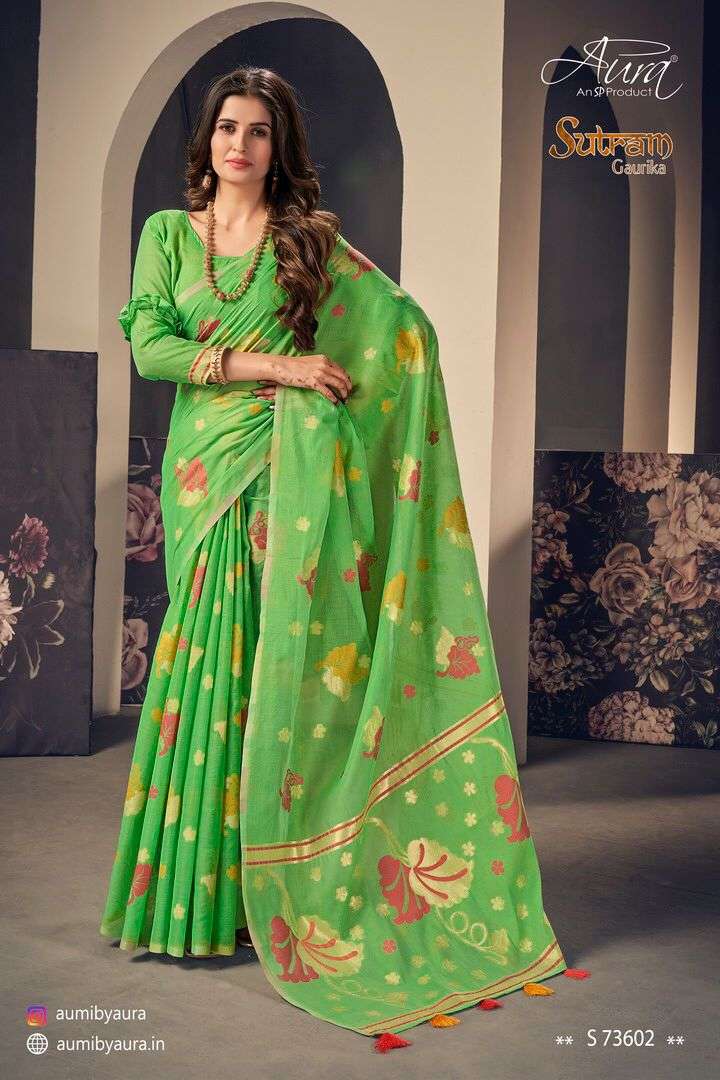 SUTRAM GAURIKA BY AURA 73601 TO 73607 SERIES INDIAN TRADITIONAL WEAR COLLECTION BEAUTIFUL STYLISH FANCY COLORFUL PARTY WEAR & OCCASIONAL WEAR COTTON SAREES AT WHOLESALE PRICE
