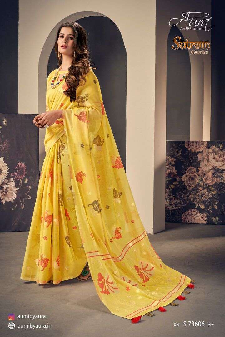 SUTRAM GAURIKA BY AURA 73601 TO 73607 SERIES INDIAN TRADITIONAL WEAR COLLECTION BEAUTIFUL STYLISH FANCY COLORFUL PARTY WEAR & OCCASIONAL WEAR COTTON SAREES AT WHOLESALE PRICE