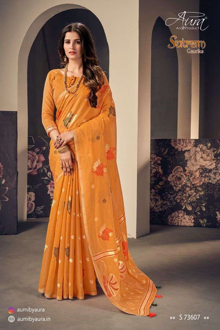 SUTRAM GAURIKA BY AURA 73601 TO 73607 SERIES INDIAN TRADITIONAL WEAR COLLECTION BEAUTIFUL STYLISH FANCY COLORFUL PARTY WEAR & OCCASIONAL WEAR COTTON SAREES AT WHOLESALE PRICE