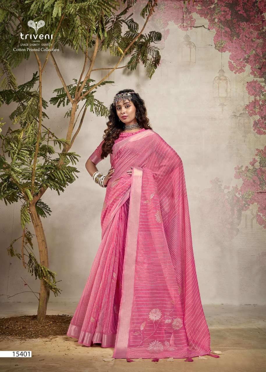 MIRROR BY TRIVENI 15401 TO 15408 SERIES INDIAN TRADITIONAL WEAR COLLECTION BEAUTIFUL STYLISH FANCY COLORFUL PARTY WEAR & OCCASIONAL WEAR COTTON PRINT SAREES AT WHOLESALE PRICE
