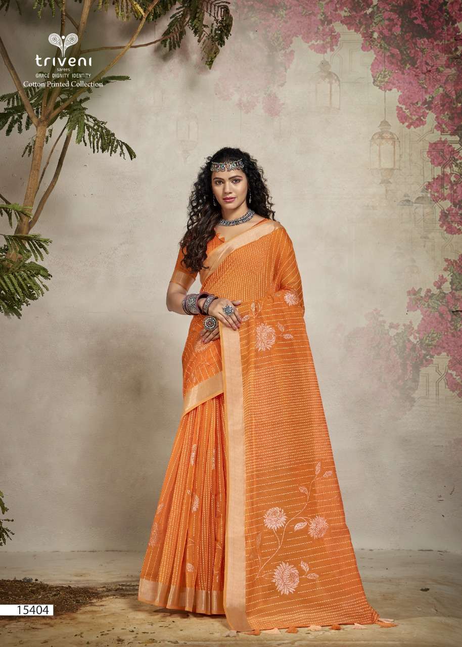 MIRROR BY TRIVENI 15401 TO 15408 SERIES INDIAN TRADITIONAL WEAR COLLECTION BEAUTIFUL STYLISH FANCY COLORFUL PARTY WEAR & OCCASIONAL WEAR COTTON PRINT SAREES AT WHOLESALE PRICE