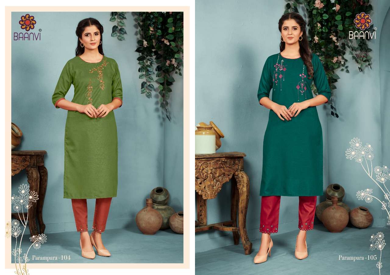 PARAMPARA VOL-1 BY BAANVI 101 TO 108 SERIES DESIGNER STYLISH FANCY COLORFUL BEAUTIFUL PARTY WEAR & ETHNIC WEAR COLLECTION COTTON EMBROIDERED KURTIS WITH BOTTOM AT WHOLESALE PRICE