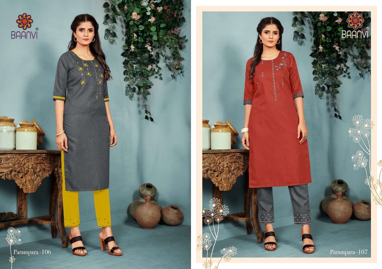 PARAMPARA VOL-1 BY BAANVI 101 TO 108 SERIES DESIGNER STYLISH FANCY COLORFUL BEAUTIFUL PARTY WEAR & ETHNIC WEAR COLLECTION COTTON EMBROIDERED KURTIS WITH BOTTOM AT WHOLESALE PRICE