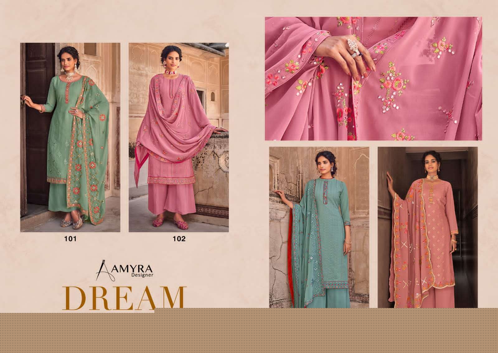 Dream By Amyra Designer 101 To 104 Series Beautiful Suits Colorful Stylish Fancy Casual Wear & Ethnic Wear Heavy Georgette Embroidered Dresses At Wholesale Price