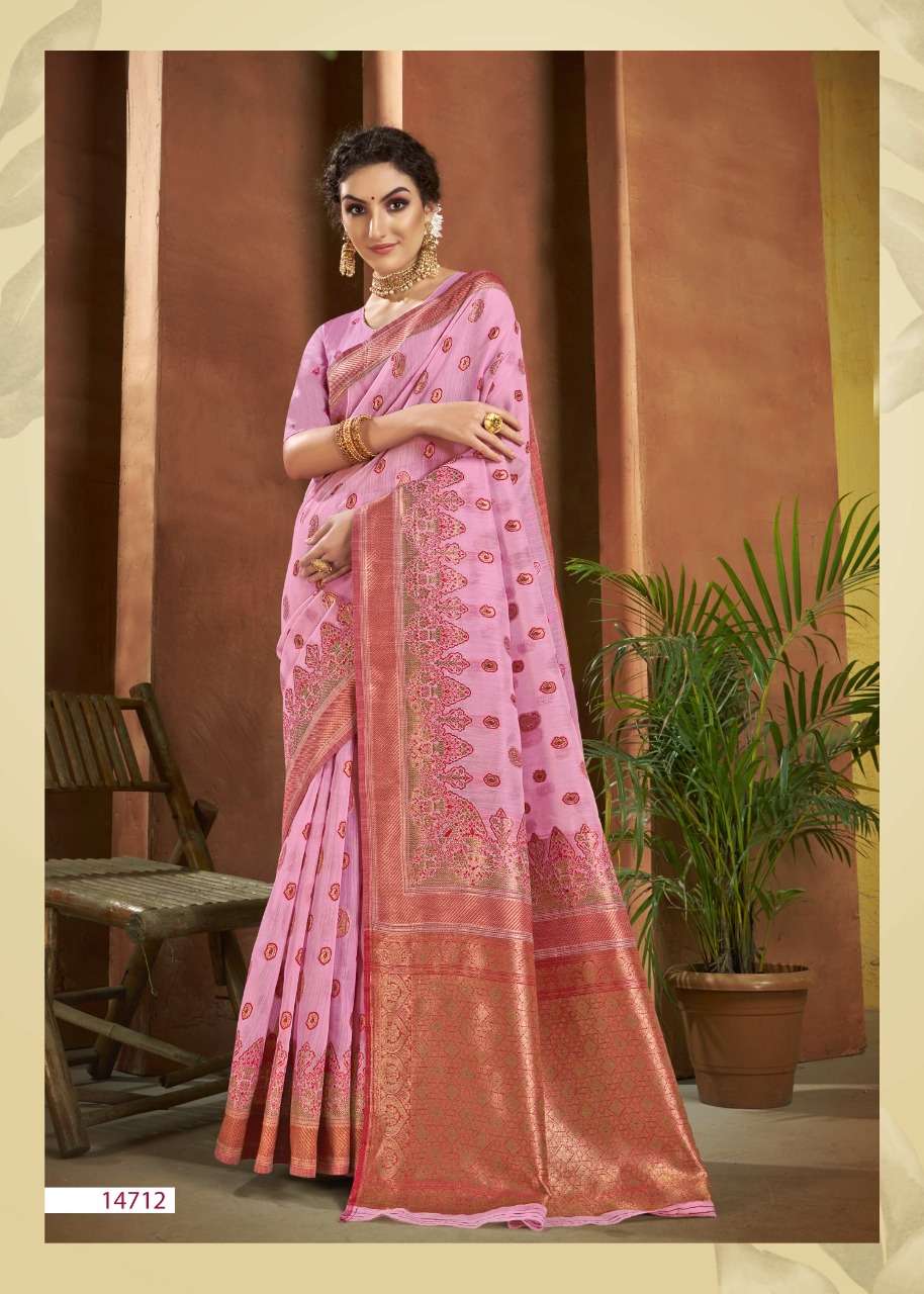SKS LINEN-3019 BY SHAKUNT 14711 TO 14716 SERIES INDIAN TRADITIONAL WEAR COLLECTION BEAUTIFUL STYLISH FANCY COLORFUL PARTY WEAR & OCCASIONAL WEAR LINEN SAREES AT WHOLESALE PRICE