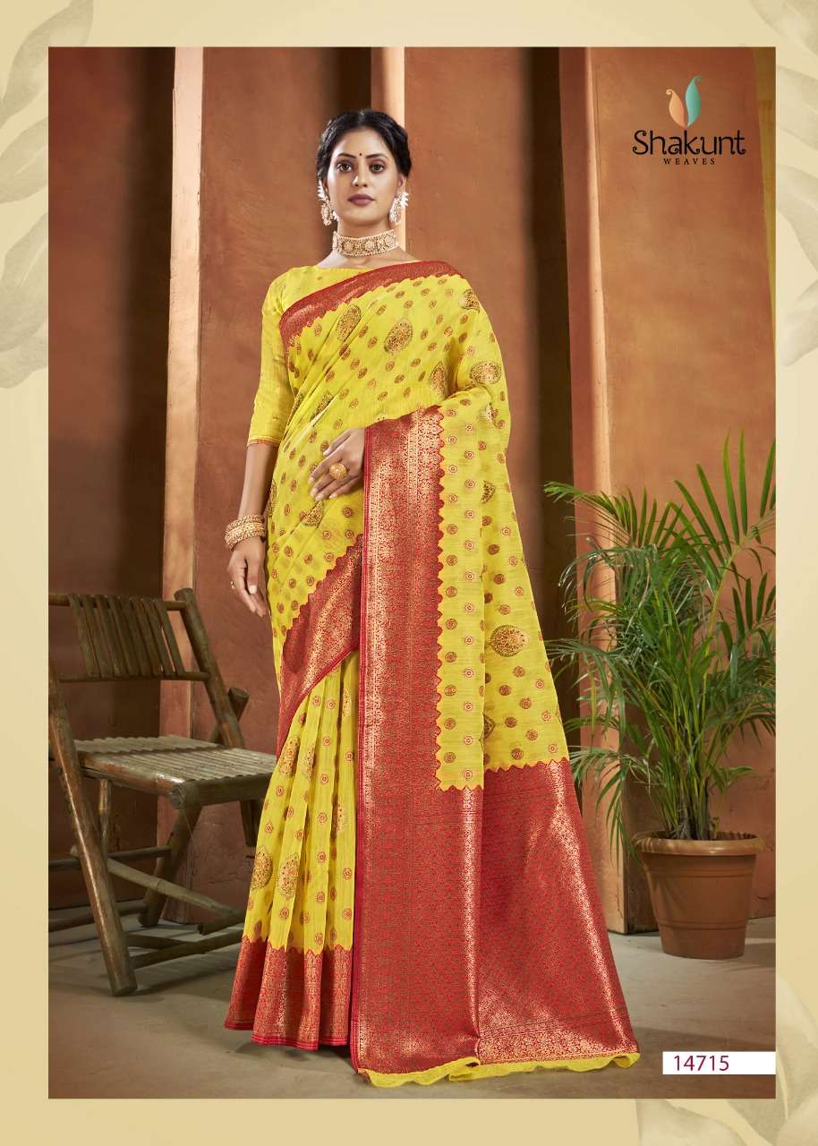 SKS LINEN-3019 BY SHAKUNT 14711 TO 14716 SERIES INDIAN TRADITIONAL WEAR COLLECTION BEAUTIFUL STYLISH FANCY COLORFUL PARTY WEAR & OCCASIONAL WEAR LINEN SAREES AT WHOLESALE PRICE