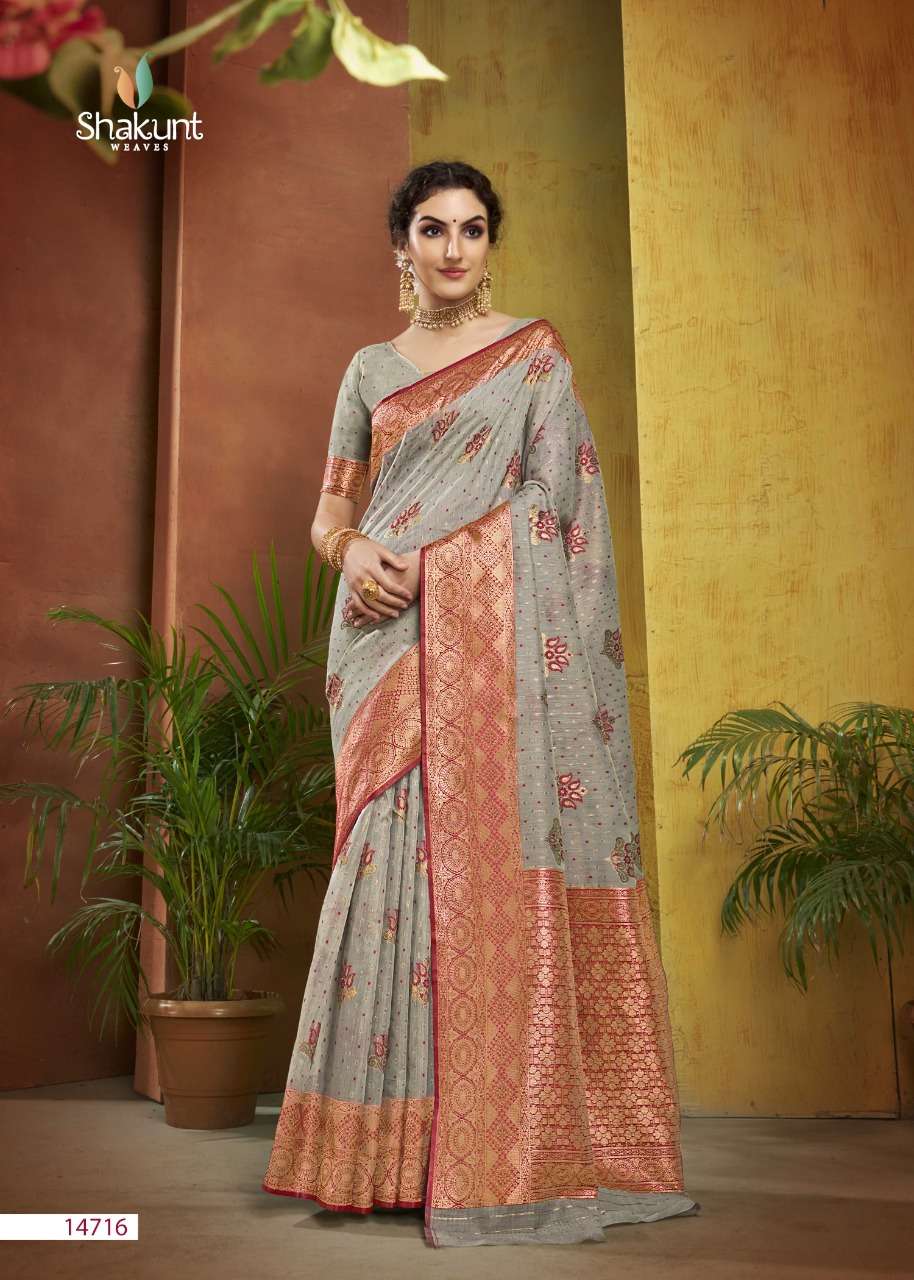 SKS LINEN-3019 BY SHAKUNT 14711 TO 14716 SERIES INDIAN TRADITIONAL WEAR COLLECTION BEAUTIFUL STYLISH FANCY COLORFUL PARTY WEAR & OCCASIONAL WEAR LINEN SAREES AT WHOLESALE PRICE