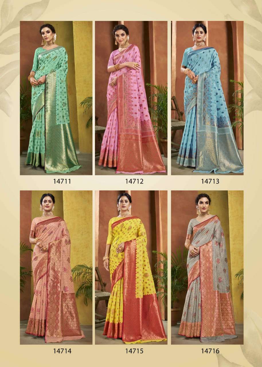 SKS LINEN-3019 BY SHAKUNT 14711 TO 14716 SERIES INDIAN TRADITIONAL WEAR COLLECTION BEAUTIFUL STYLISH FANCY COLORFUL PARTY WEAR & OCCASIONAL WEAR LINEN SAREES AT WHOLESALE PRICE