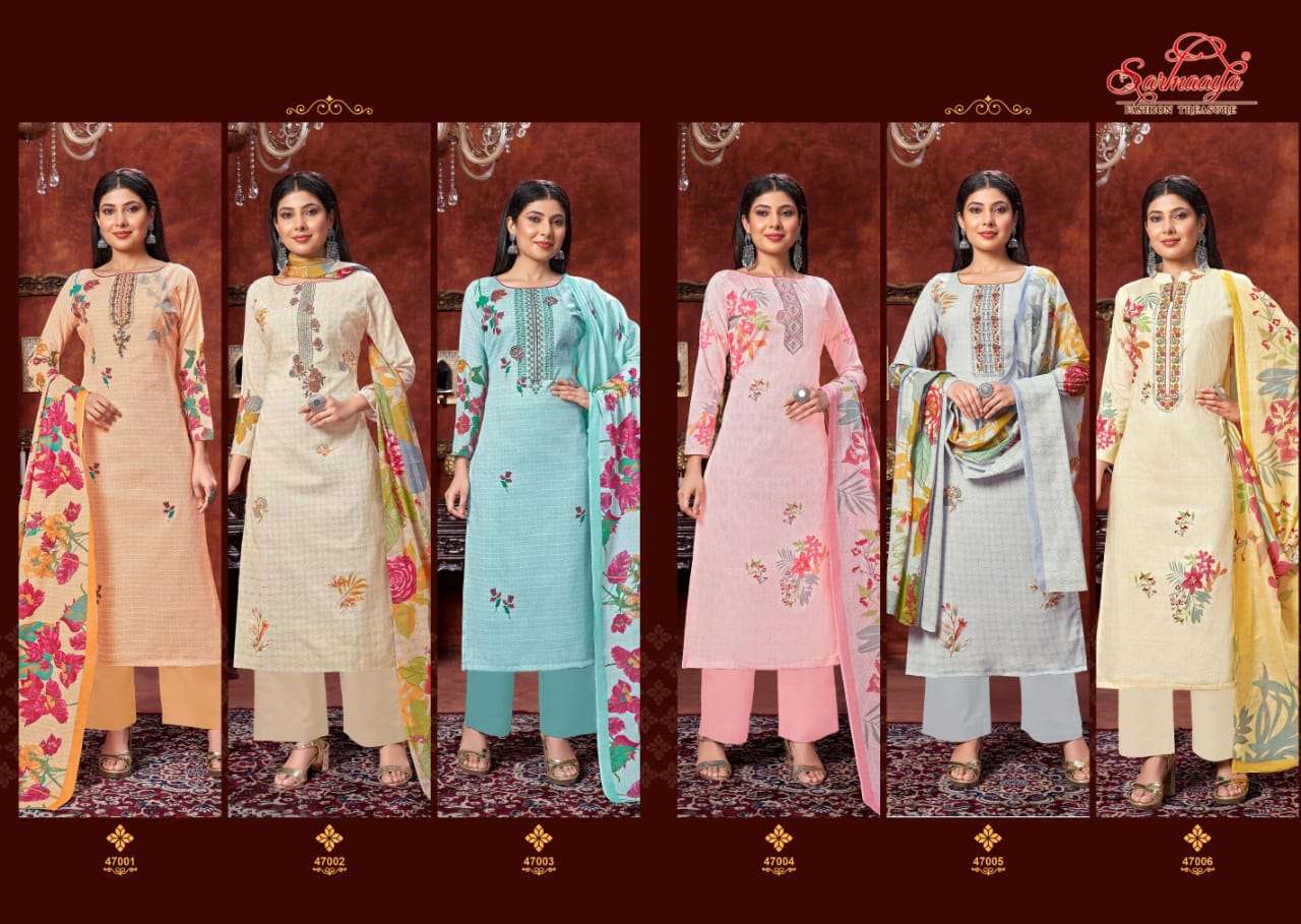FIZA BY SARMAAYA 47001 TO 47006 SERIES BEAUTIFUL SUITS COLORFUL STYLISH FANCY CASUAL WEAR & ETHNIC WEAR LAWN COTTON DRESSES AT WHOLESALE PRICE