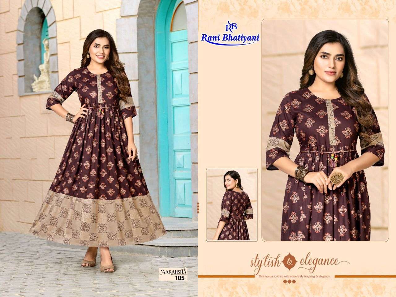 AAKANSHA VOL-1 BY RANI BHATIYANI 101 TO 108 SERIES BEAUTIFUL STYLISH FANCY COLORFUL CASUAL WEAR & ETHNIC WEAR RAYON FOIL PRINT GOWNS WITH WHOLESALE PRICE