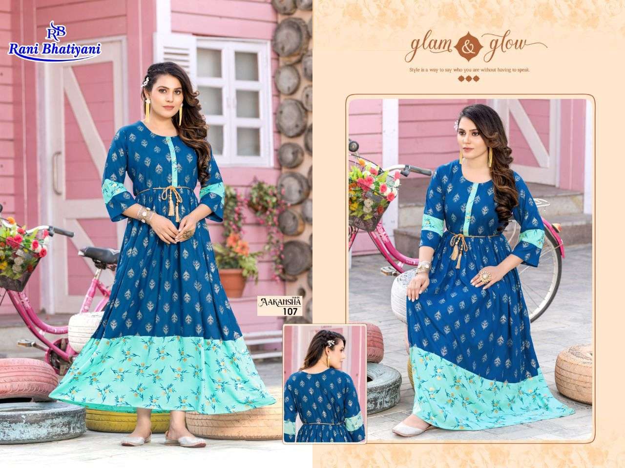 AAKANSHA VOL-1 BY RANI BHATIYANI 101 TO 108 SERIES BEAUTIFUL STYLISH FANCY COLORFUL CASUAL WEAR & ETHNIC WEAR RAYON FOIL PRINT GOWNS WITH WHOLESALE PRICE
