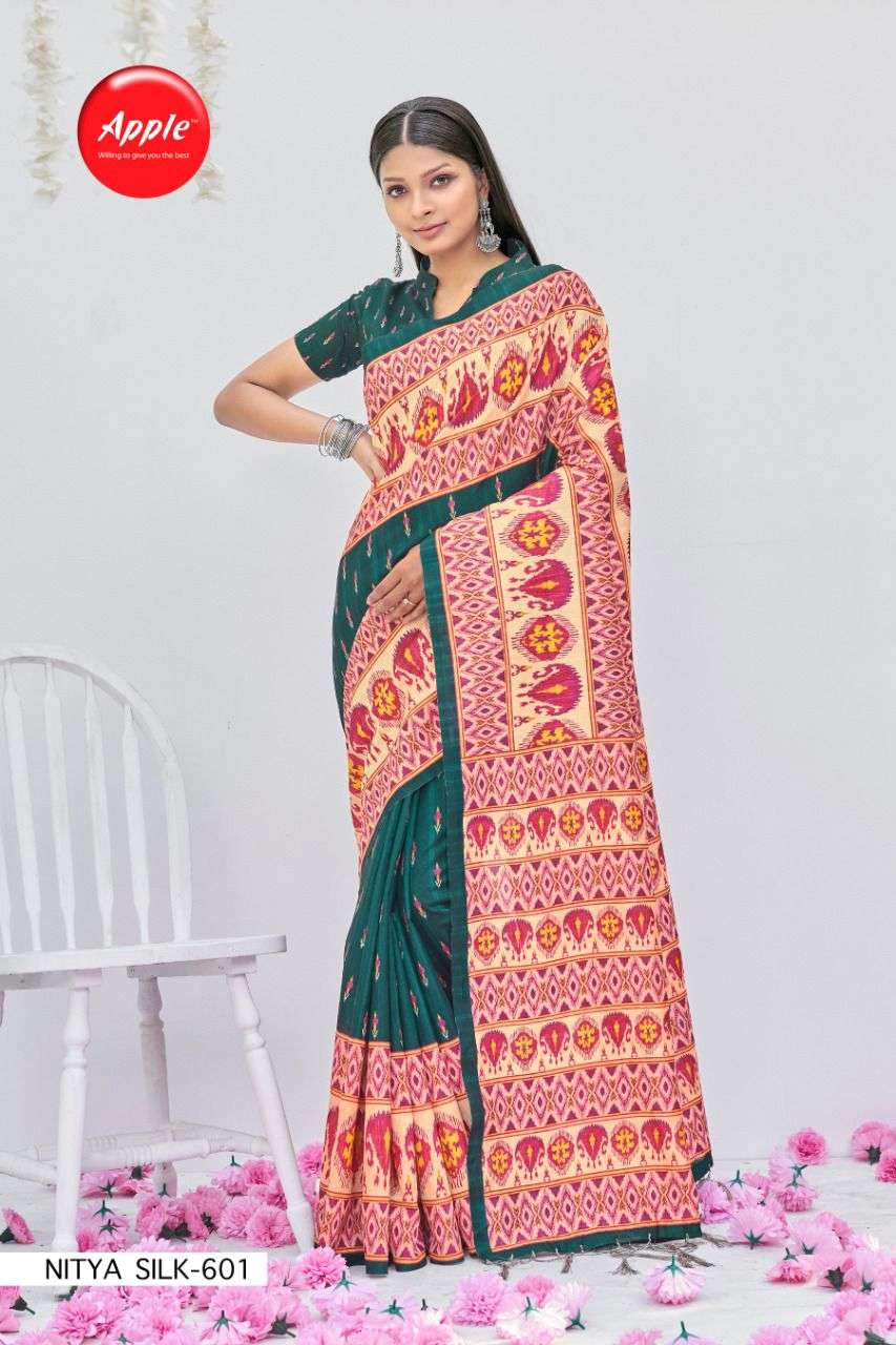 NITYA VOL-6 BY APPLE 601 TO 608 SERIES INDIAN TRADITIONAL WEAR COLLECTION BEAUTIFUL STYLISH FANCY COLORFUL PARTY WEAR & OCCASIONAL WEAR BHAGALPURI PRINT SAREES AT WHOLESALE PRICE