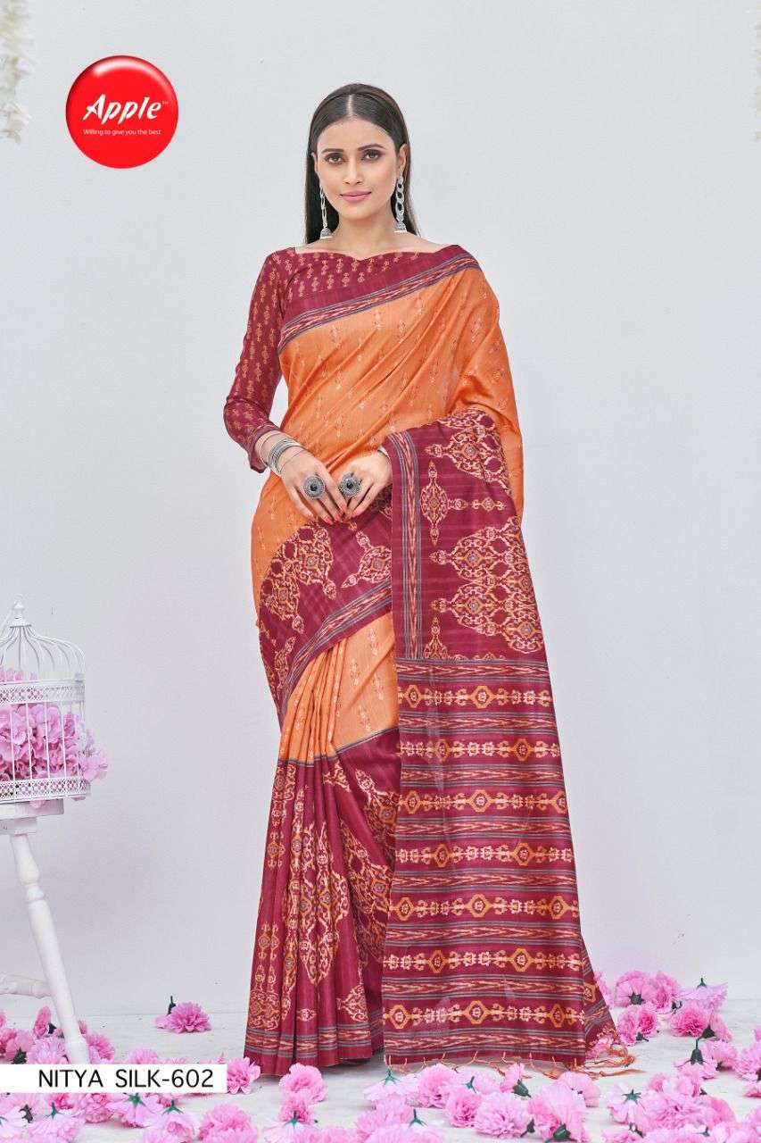 NITYA VOL-6 BY APPLE 601 TO 608 SERIES INDIAN TRADITIONAL WEAR COLLECTION BEAUTIFUL STYLISH FANCY COLORFUL PARTY WEAR & OCCASIONAL WEAR BHAGALPURI PRINT SAREES AT WHOLESALE PRICE