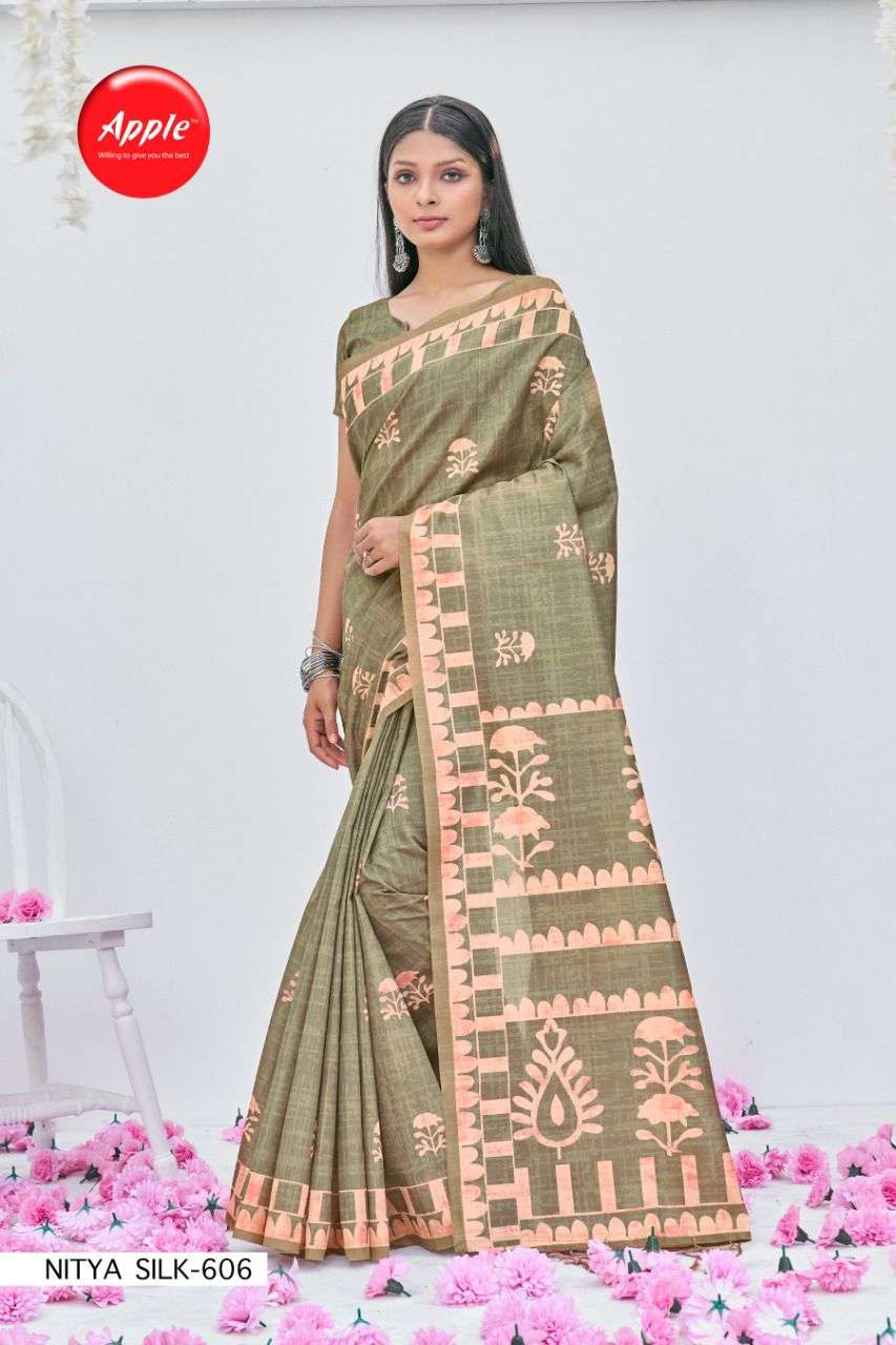 NITYA VOL-6 BY APPLE 601 TO 608 SERIES INDIAN TRADITIONAL WEAR COLLECTION BEAUTIFUL STYLISH FANCY COLORFUL PARTY WEAR & OCCASIONAL WEAR BHAGALPURI PRINT SAREES AT WHOLESALE PRICE