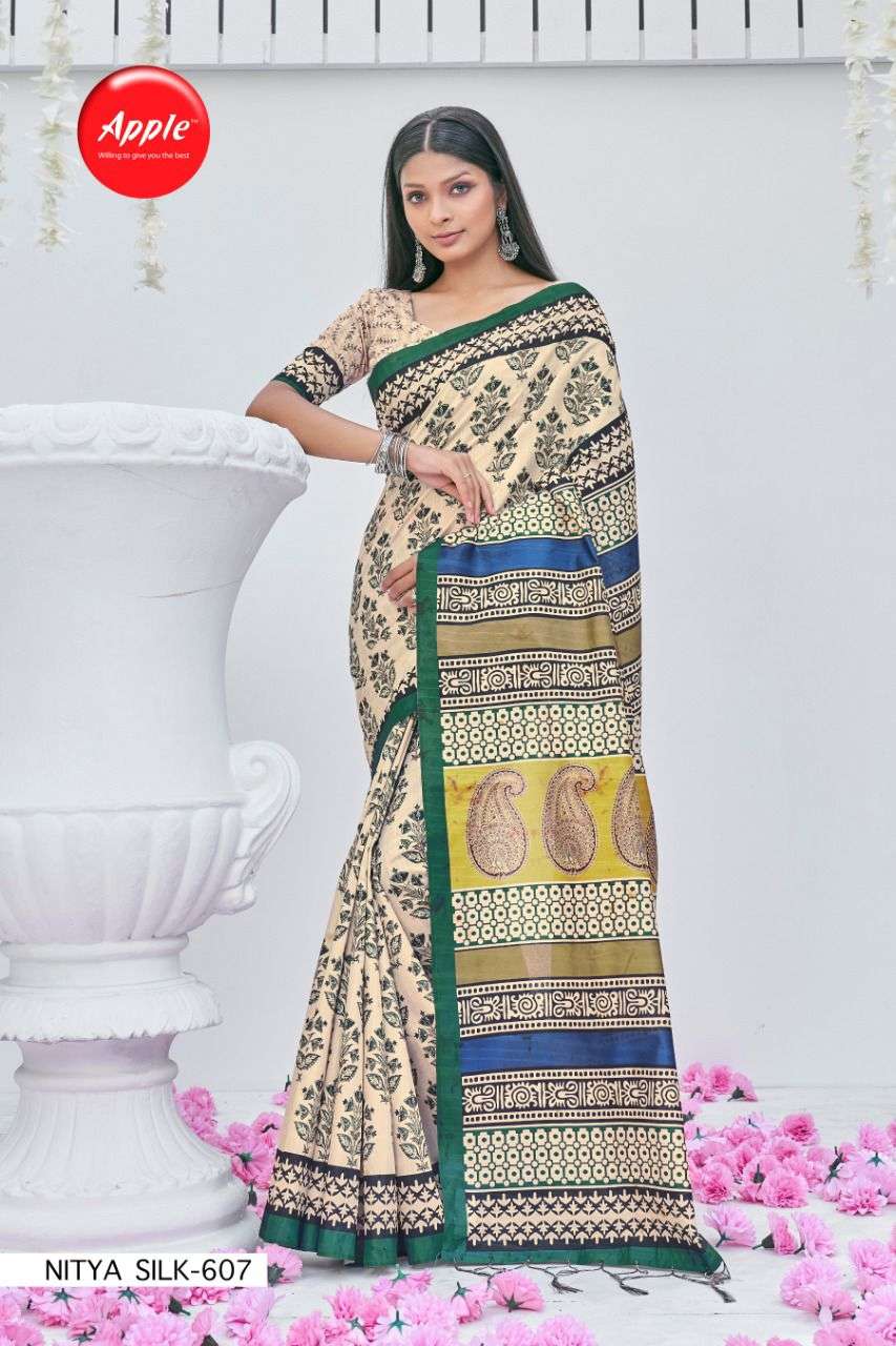 NITYA VOL-6 BY APPLE 601 TO 608 SERIES INDIAN TRADITIONAL WEAR COLLECTION BEAUTIFUL STYLISH FANCY COLORFUL PARTY WEAR & OCCASIONAL WEAR BHAGALPURI PRINT SAREES AT WHOLESALE PRICE