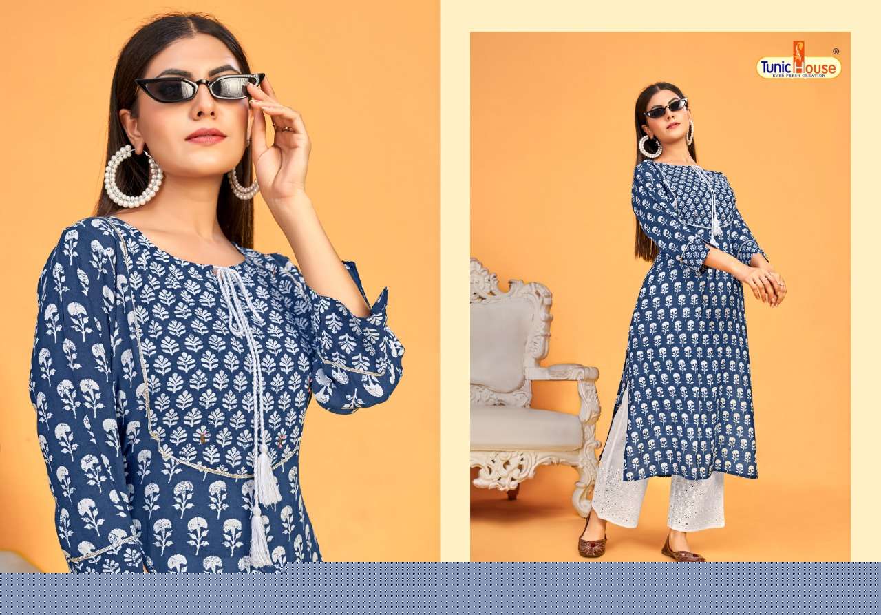 BLUE SKY BY TUNIC HOUSE 23001 TO 23004 SERIES BEAUTIFUL STYLISH COLORFUL FANCY PARTY WEAR & ETHNIC WEAR & READY TO WEAR VISCOSE MUSLIN SILK KURTIS WITH BOTTOM AT WHOLESALE PRICE