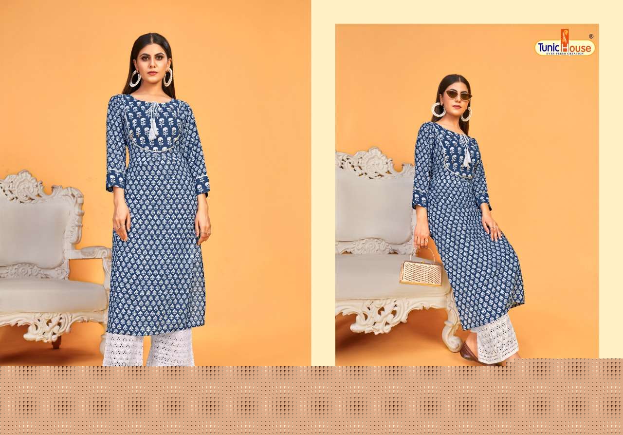 BLUE SKY BY TUNIC HOUSE 23001 TO 23004 SERIES BEAUTIFUL STYLISH COLORFUL FANCY PARTY WEAR & ETHNIC WEAR & READY TO WEAR VISCOSE MUSLIN SILK KURTIS WITH BOTTOM AT WHOLESALE PRICE