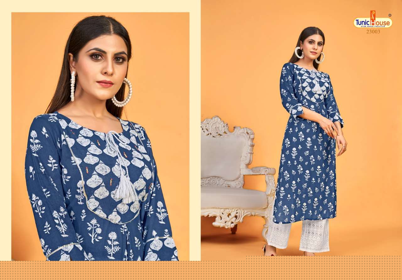 BLUE SKY BY TUNIC HOUSE 23001 TO 23004 SERIES BEAUTIFUL STYLISH COLORFUL FANCY PARTY WEAR & ETHNIC WEAR & READY TO WEAR VISCOSE MUSLIN SILK KURTIS WITH BOTTOM AT WHOLESALE PRICE