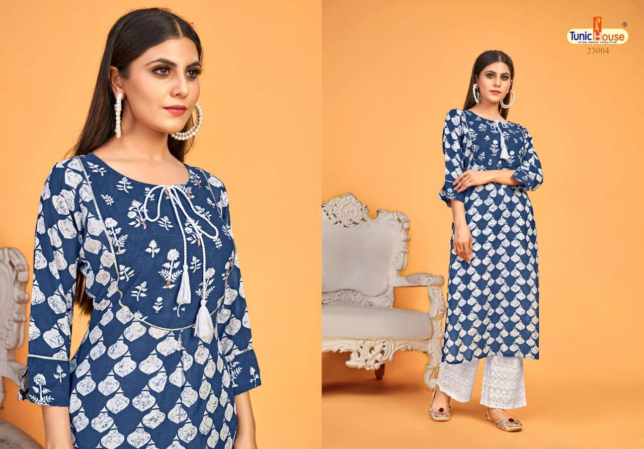 BLUE SKY BY TUNIC HOUSE 23001 TO 23004 SERIES BEAUTIFUL STYLISH COLORFUL FANCY PARTY WEAR & ETHNIC WEAR & READY TO WEAR VISCOSE MUSLIN SILK KURTIS WITH BOTTOM AT WHOLESALE PRICE