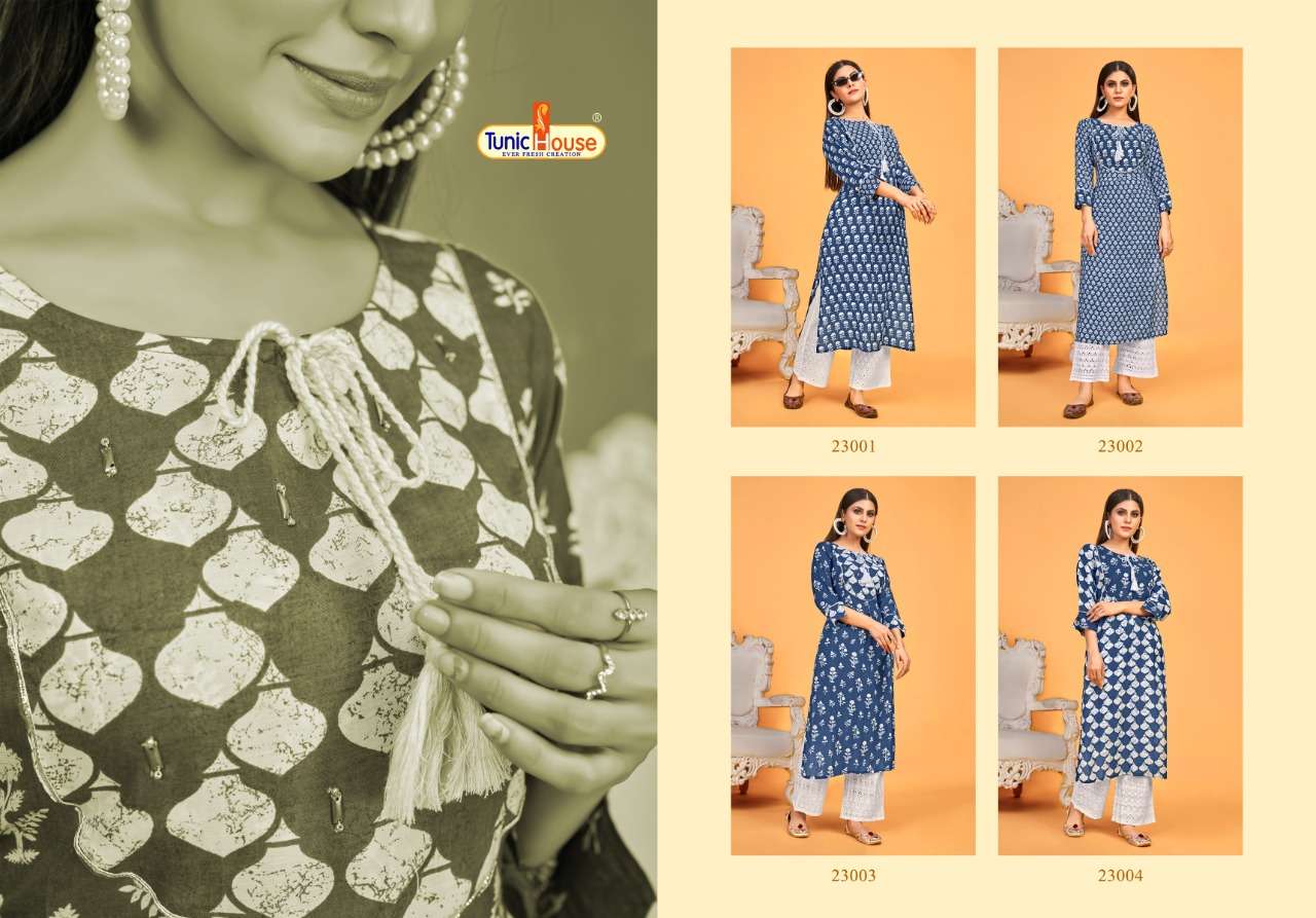 BLUE SKY BY TUNIC HOUSE 23001 TO 23004 SERIES BEAUTIFUL STYLISH COLORFUL FANCY PARTY WEAR & ETHNIC WEAR & READY TO WEAR VISCOSE MUSLIN SILK KURTIS WITH BOTTOM AT WHOLESALE PRICE