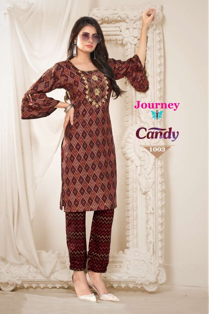 CANDY BY JOURNEY 1001 TO 1005 SERIES DESIGNER STYLISH FANCY COLORFUL BEAUTIFUL PARTY WEAR & ETHNIC WEAR COLLECTION MUSLIN WITH WORK KURTIS WITH BOTTOM AT WHOLESALE PRICE