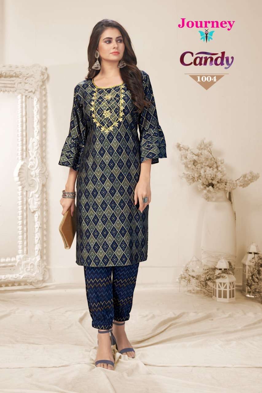 CANDY BY JOURNEY 1001 TO 1005 SERIES DESIGNER STYLISH FANCY COLORFUL BEAUTIFUL PARTY WEAR & ETHNIC WEAR COLLECTION MUSLIN WITH WORK KURTIS WITH BOTTOM AT WHOLESALE PRICE