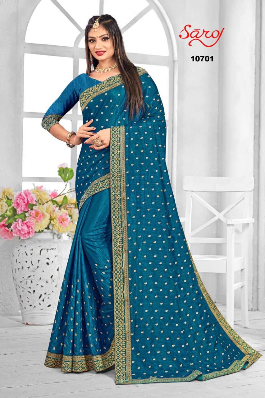NIRUPAMA VOL-1 BY SAROJ 10701 TO 10708 SERIES INDIAN TRADITIONAL WEAR COLLECTION BEAUTIFUL STYLISH FANCY COLORFUL PARTY WEAR & OCCASIONAL WEAR VICHITRA SILK SAREES AT WHOLESALE PRICE
