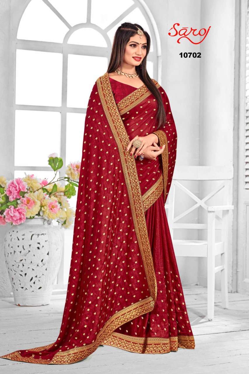 NIRUPAMA VOL-1 BY SAROJ 10701 TO 10708 SERIES INDIAN TRADITIONAL WEAR COLLECTION BEAUTIFUL STYLISH FANCY COLORFUL PARTY WEAR & OCCASIONAL WEAR VICHITRA SILK SAREES AT WHOLESALE PRICE