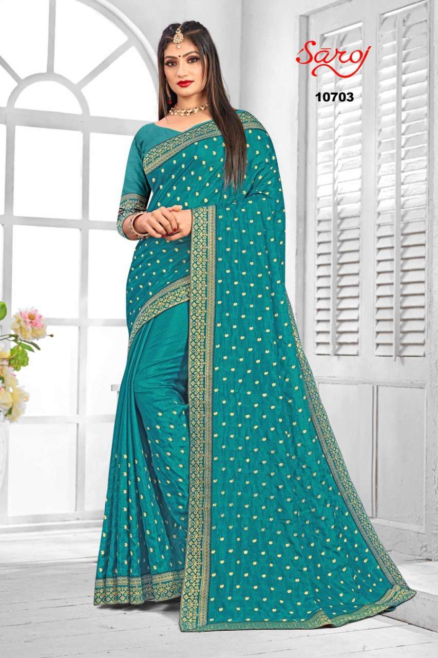 NIRUPAMA VOL-1 BY SAROJ 10701 TO 10708 SERIES INDIAN TRADITIONAL WEAR COLLECTION BEAUTIFUL STYLISH FANCY COLORFUL PARTY WEAR & OCCASIONAL WEAR VICHITRA SILK SAREES AT WHOLESALE PRICE