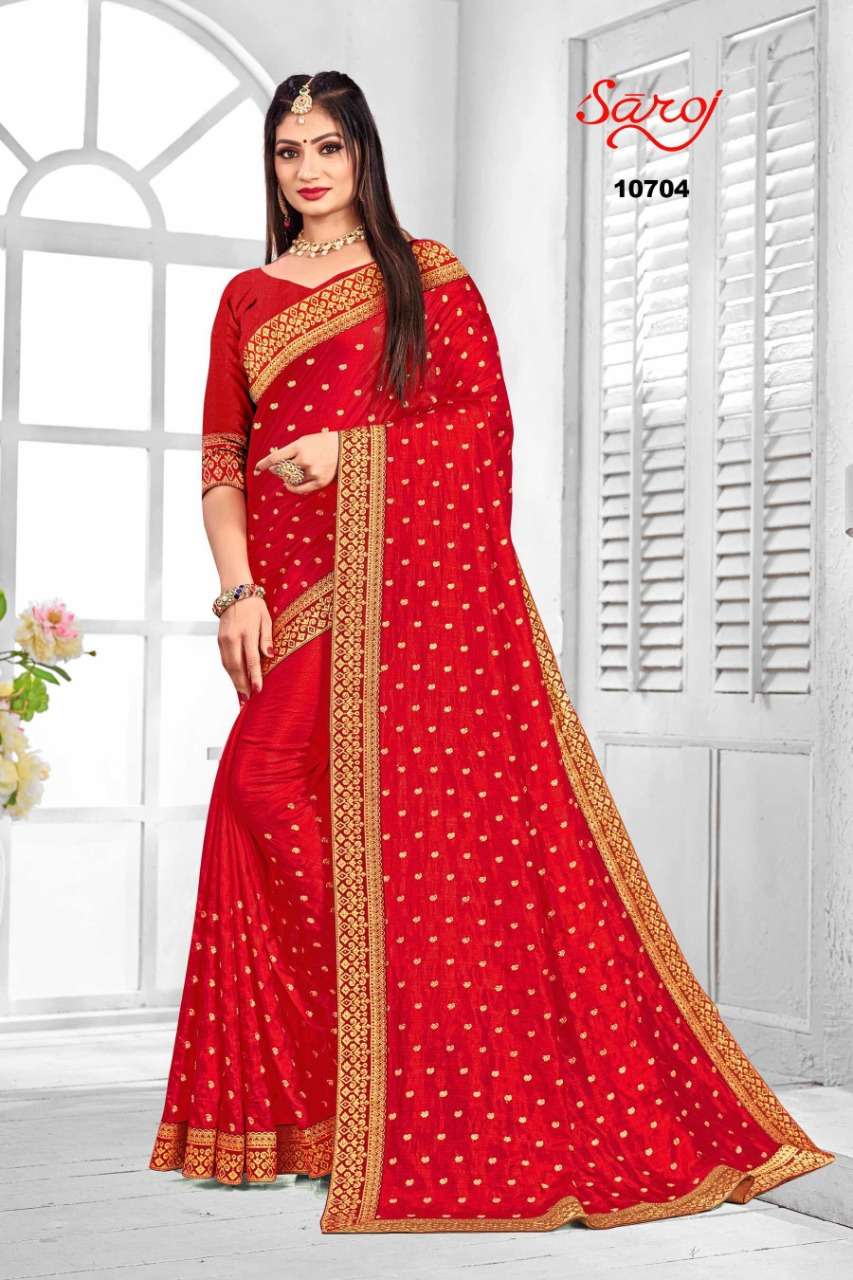 NIRUPAMA VOL-1 BY SAROJ 10701 TO 10708 SERIES INDIAN TRADITIONAL WEAR COLLECTION BEAUTIFUL STYLISH FANCY COLORFUL PARTY WEAR & OCCASIONAL WEAR VICHITRA SILK SAREES AT WHOLESALE PRICE