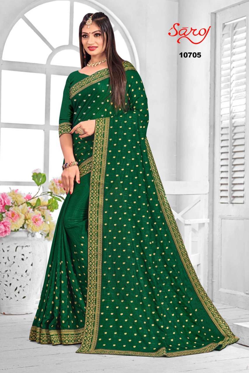 NIRUPAMA VOL-1 BY SAROJ 10701 TO 10708 SERIES INDIAN TRADITIONAL WEAR COLLECTION BEAUTIFUL STYLISH FANCY COLORFUL PARTY WEAR & OCCASIONAL WEAR VICHITRA SILK SAREES AT WHOLESALE PRICE