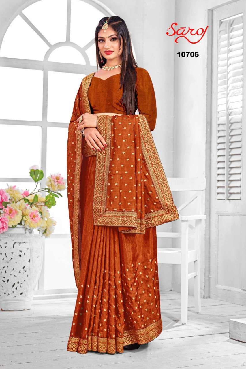 NIRUPAMA VOL-1 BY SAROJ 10701 TO 10708 SERIES INDIAN TRADITIONAL WEAR COLLECTION BEAUTIFUL STYLISH FANCY COLORFUL PARTY WEAR & OCCASIONAL WEAR VICHITRA SILK SAREES AT WHOLESALE PRICE