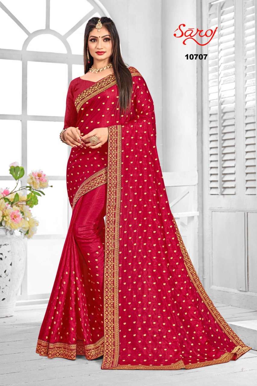 NIRUPAMA VOL-1 BY SAROJ 10701 TO 10708 SERIES INDIAN TRADITIONAL WEAR COLLECTION BEAUTIFUL STYLISH FANCY COLORFUL PARTY WEAR & OCCASIONAL WEAR VICHITRA SILK SAREES AT WHOLESALE PRICE